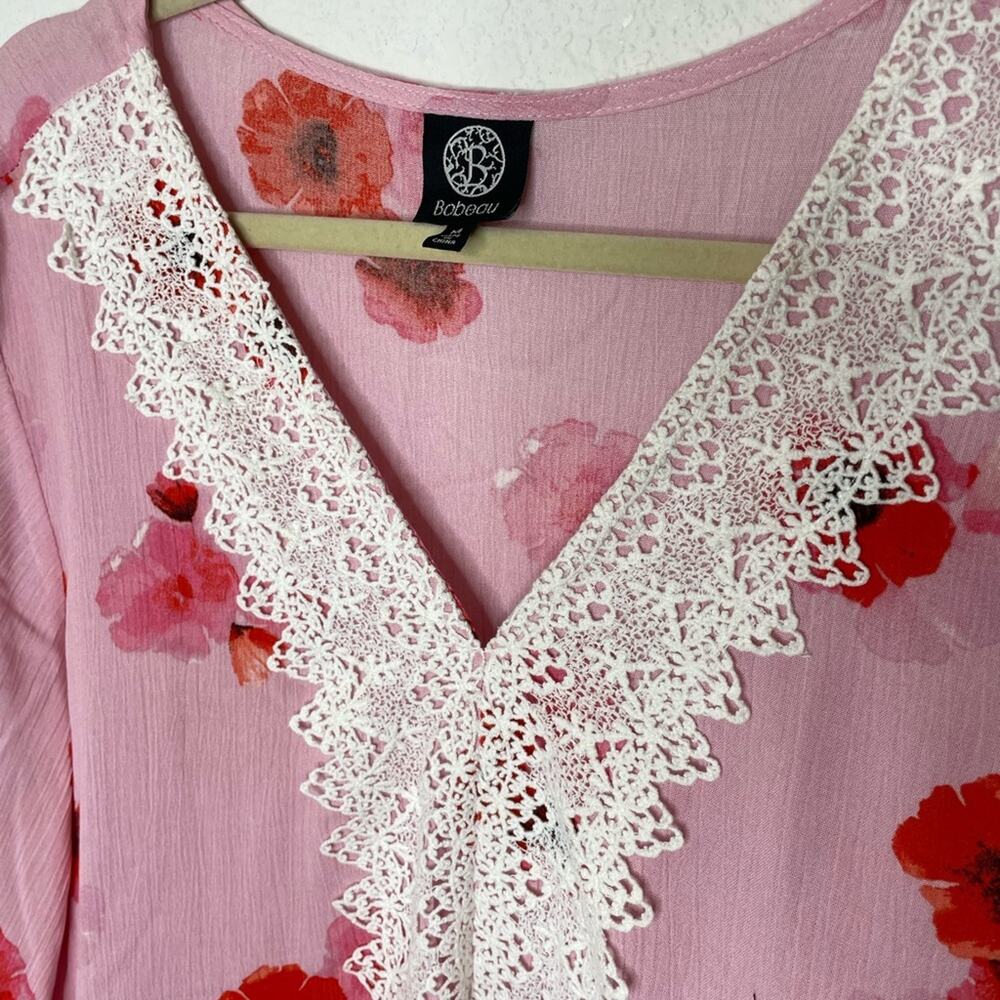 Bobeau Pink and Red Lace Floral Shirt 3/4 Sleeve Lightweight Casual Top medium - Picture 4 of 7